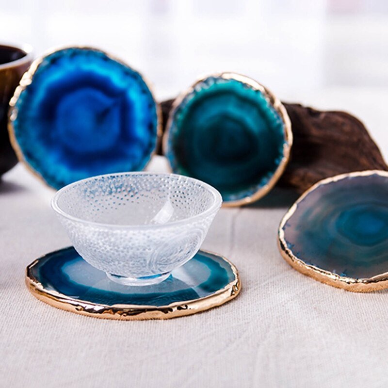 Blue Agate Coasters Set of 2 with Gold Plated Edges for Tabletop Decor 1