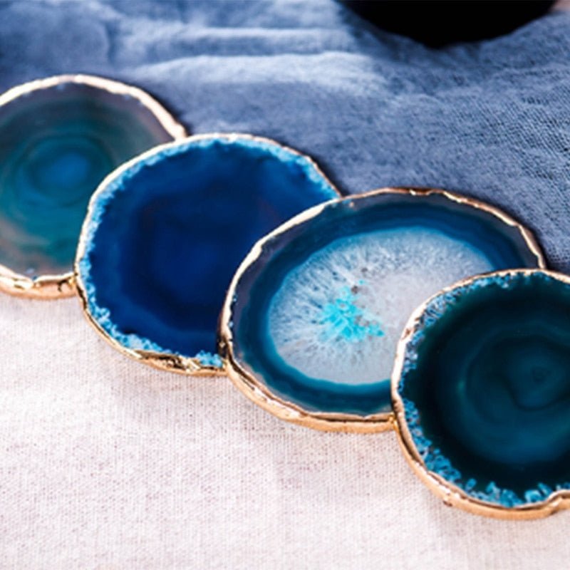 Blue Agate Coasters Set of 2 with Gold Plated Edges for Tabletop Decor 3