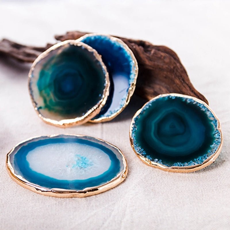Blue Agate Coasters Set of 2 with Gold Plated Edges for Tabletop Decor 4