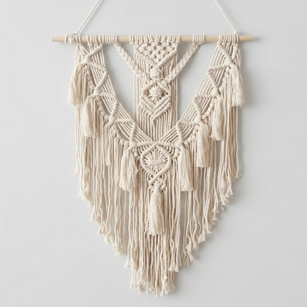 Cream macrame wall hanging with intricate woven geometric patterns, tassels, and long fringe, suspended from a light natural wood dowel against a plain light gray wall.