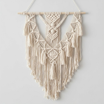 Cream macrame wall hanging with intricate woven geometric patterns, tassels, and long fringe, suspended from a light natural wood dowel against a plain light gray wall.
