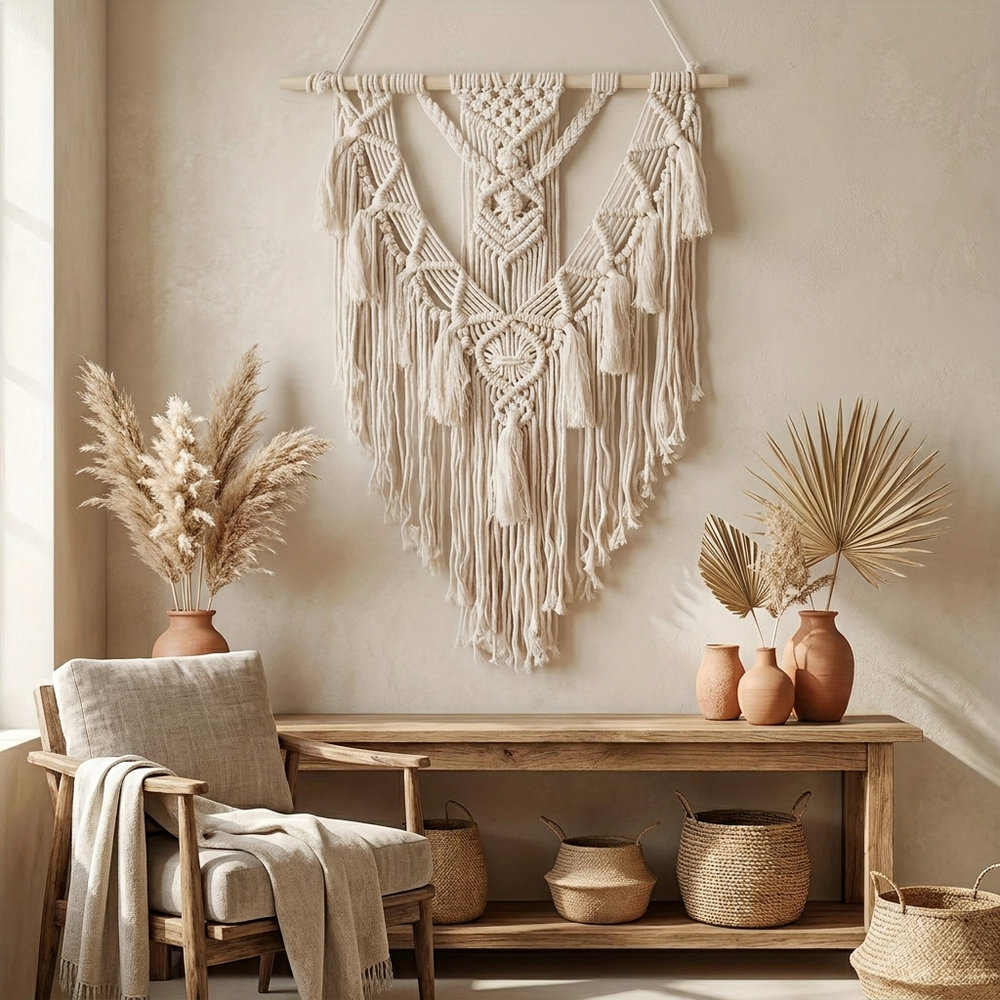 A bohemian-style macrame wall hanging in natural cream cotton cord is displayed on a textured beige wall above a rustic wooden bench. The room is styled with dried pampas grass in terracotta vases, woven baskets, and a matching beige throw blanket draped over a wooden chair.