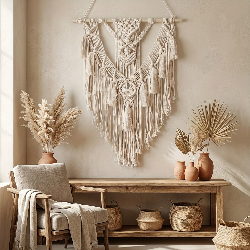 A bohemian-style macrame wall hanging in natural cream cotton cord is displayed on a textured beige wall above a rustic wooden bench. The room is styled with dried pampas grass in terracotta vases, woven baskets, and a matching beige throw blanket draped over a wooden chair.