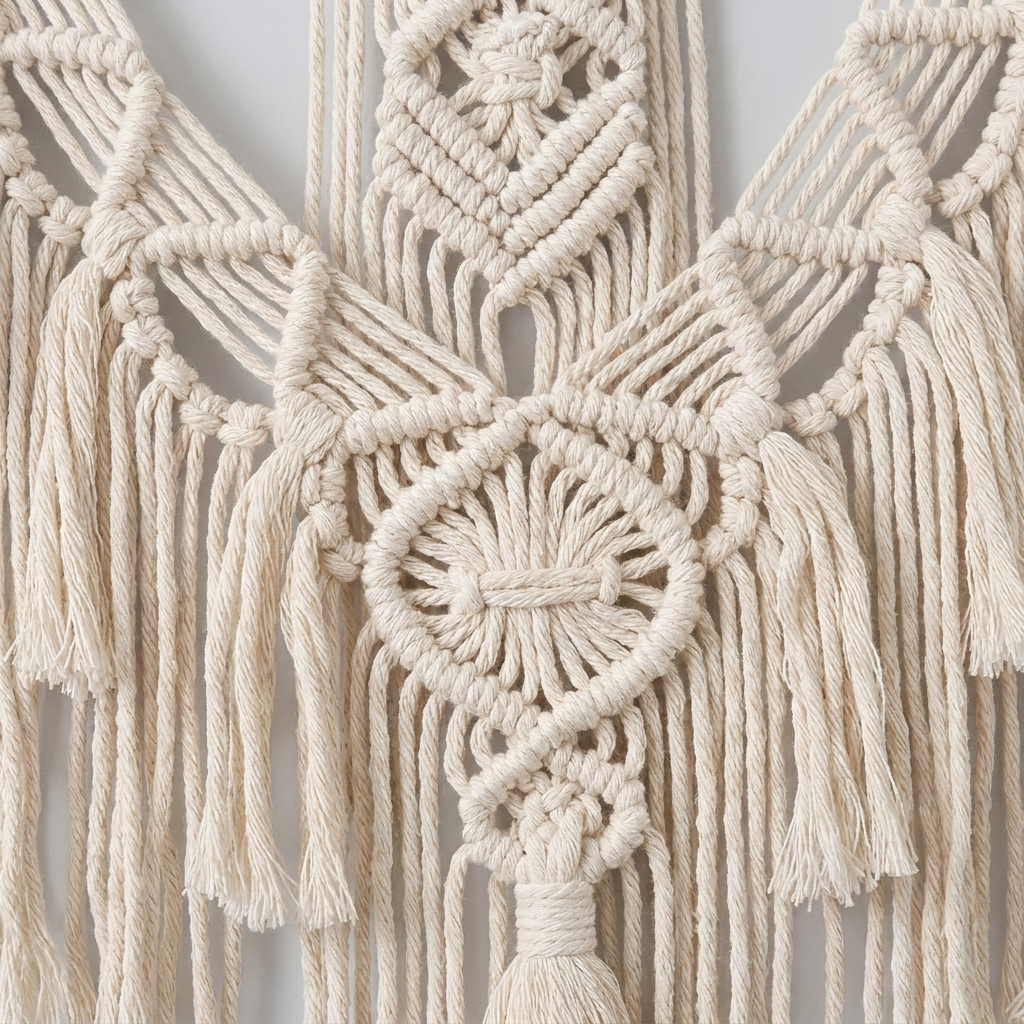 Cream macrame wall hanging with intricate woven geometric patterns and long fringe tassels, shown against a light neutral background.