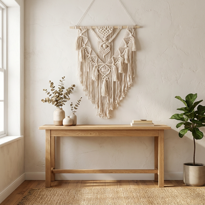 A bohemian-style macrame wall hanging in natural cream cotton cord is displayed on a textured off-white wall above a light wood console table. The room is styled with neutral decor, including a potted green plant on the right, a window on the left, and a woven rug on the floor.