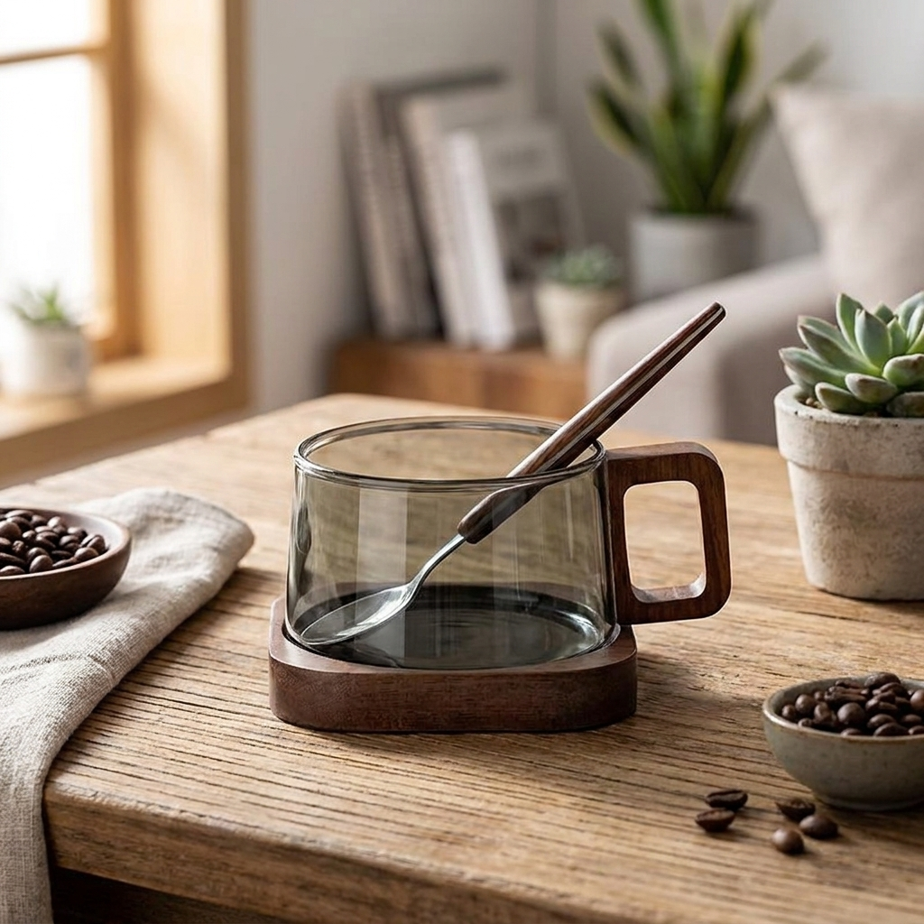 A clear glass mug with a dark brown wooden handle and matching wooden spoon resting inside, set on a matching wooden coaster on a rustic wooden table. The background is a softly blurred cozy living room scene with plants and a sofa.