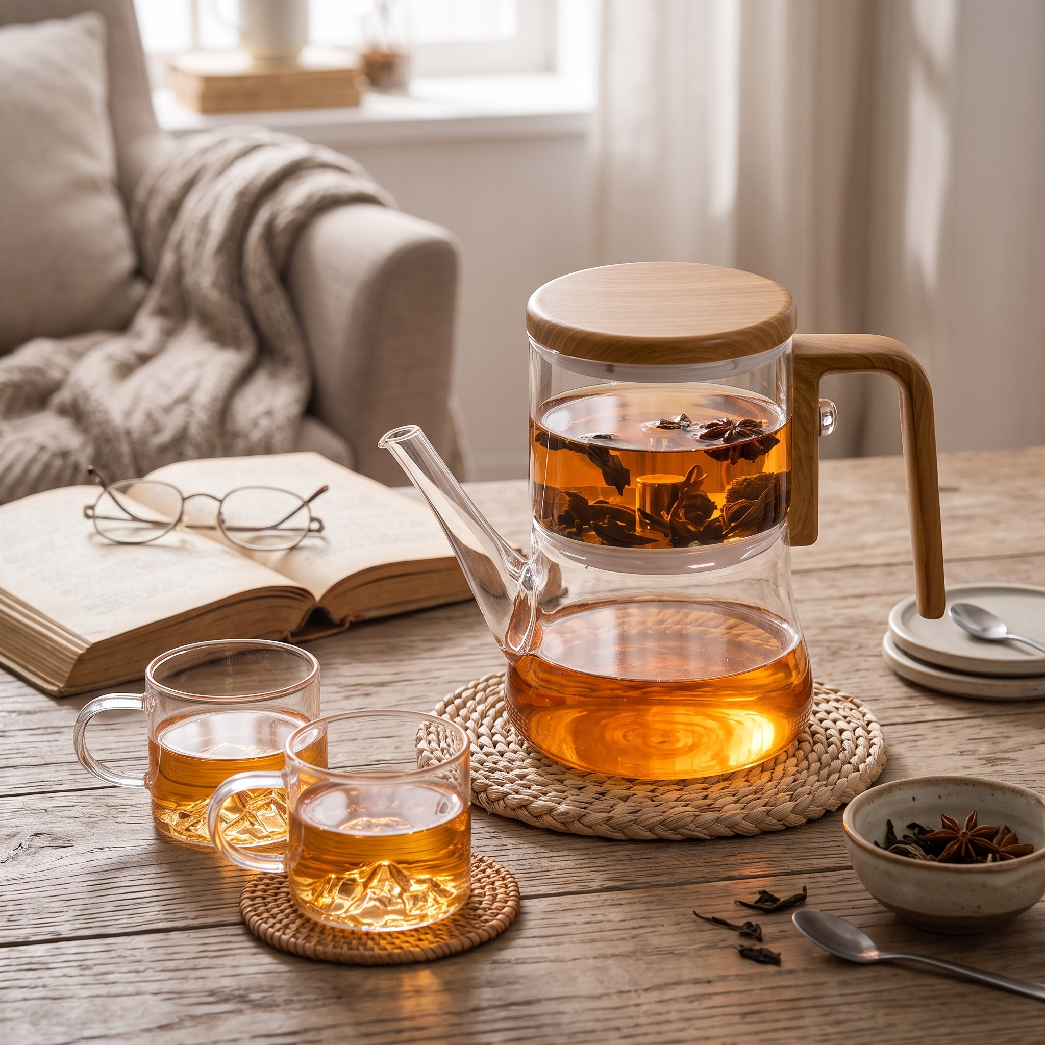 Borosilicate Glass Magnetic Teapot with Wooden Handle and Free Cups 4