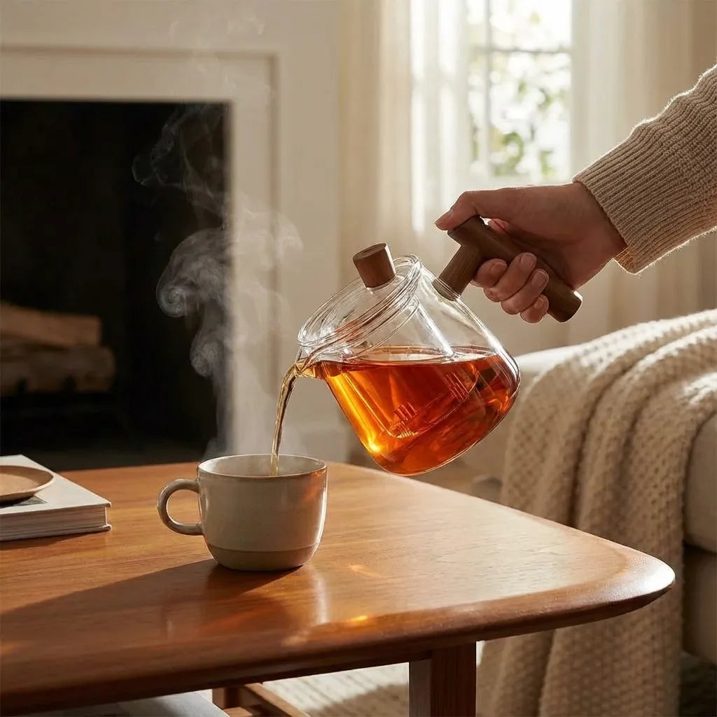 Borosilicate Glass Teapot with Wood Handle and Detachable Infuser 5