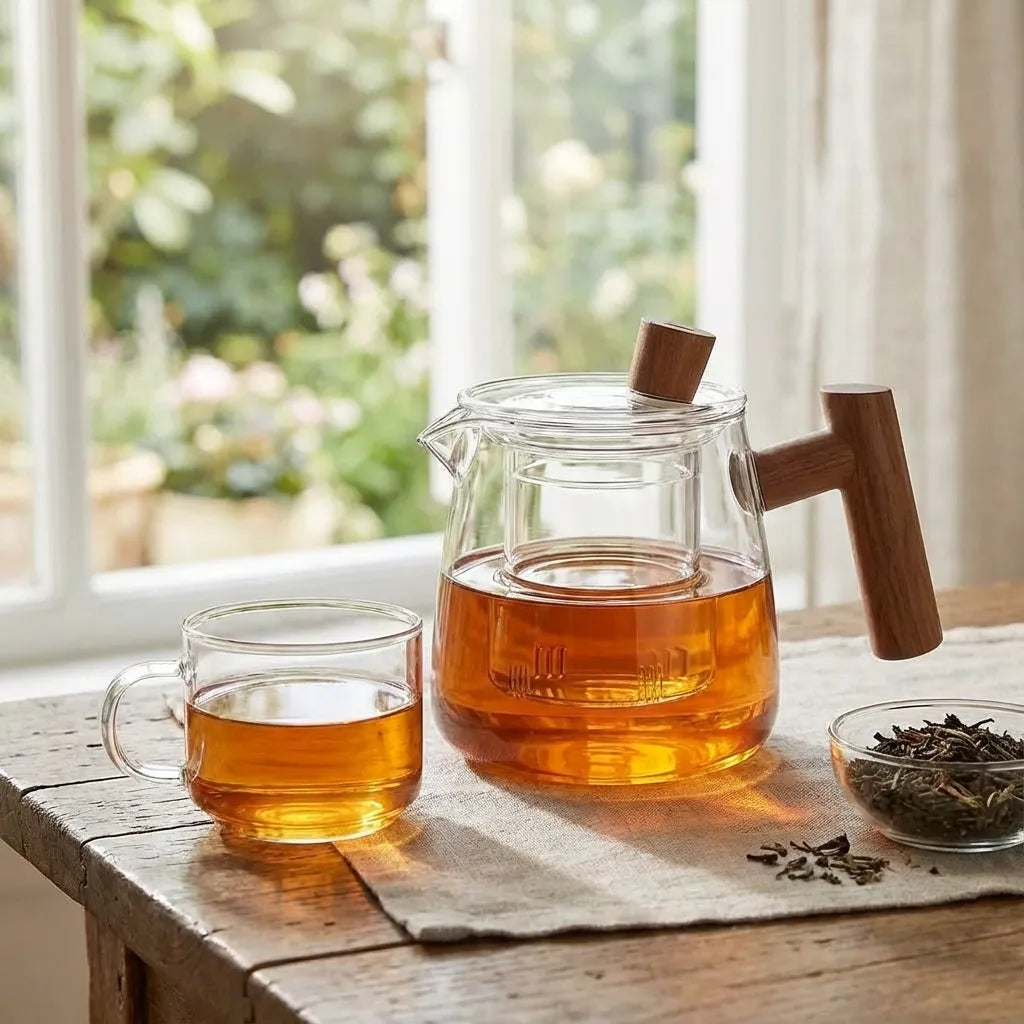 Borosilicate Glass Teapot with Wood Handle and Detachable Infuser 6