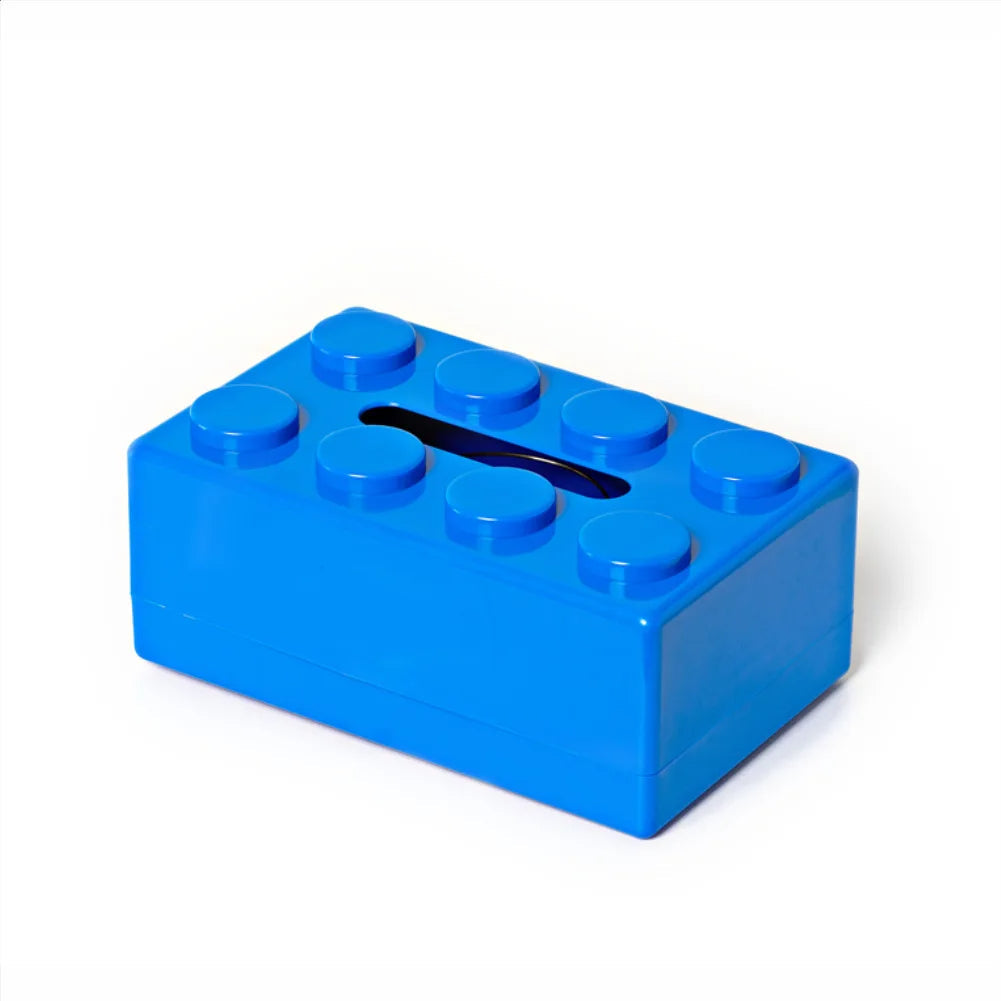 Blue brick-shaped tissue box on a white background