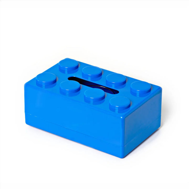 Blue brick-shaped tissue box on a white background