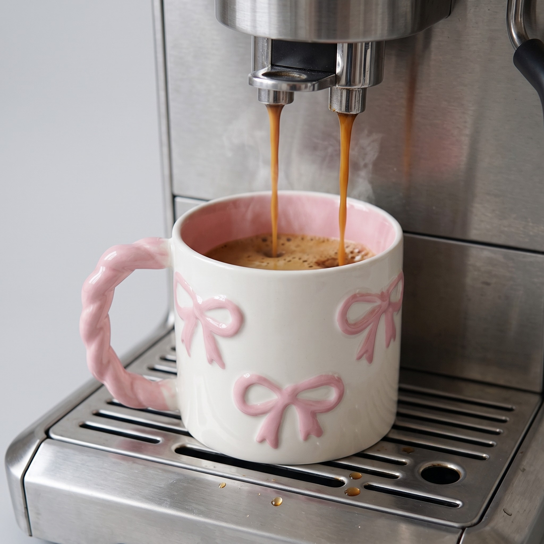 A white ceramic coffee mug with pink bow details and a twisted handle, filled with espresso as it pours from a stainless steel coffee machine.