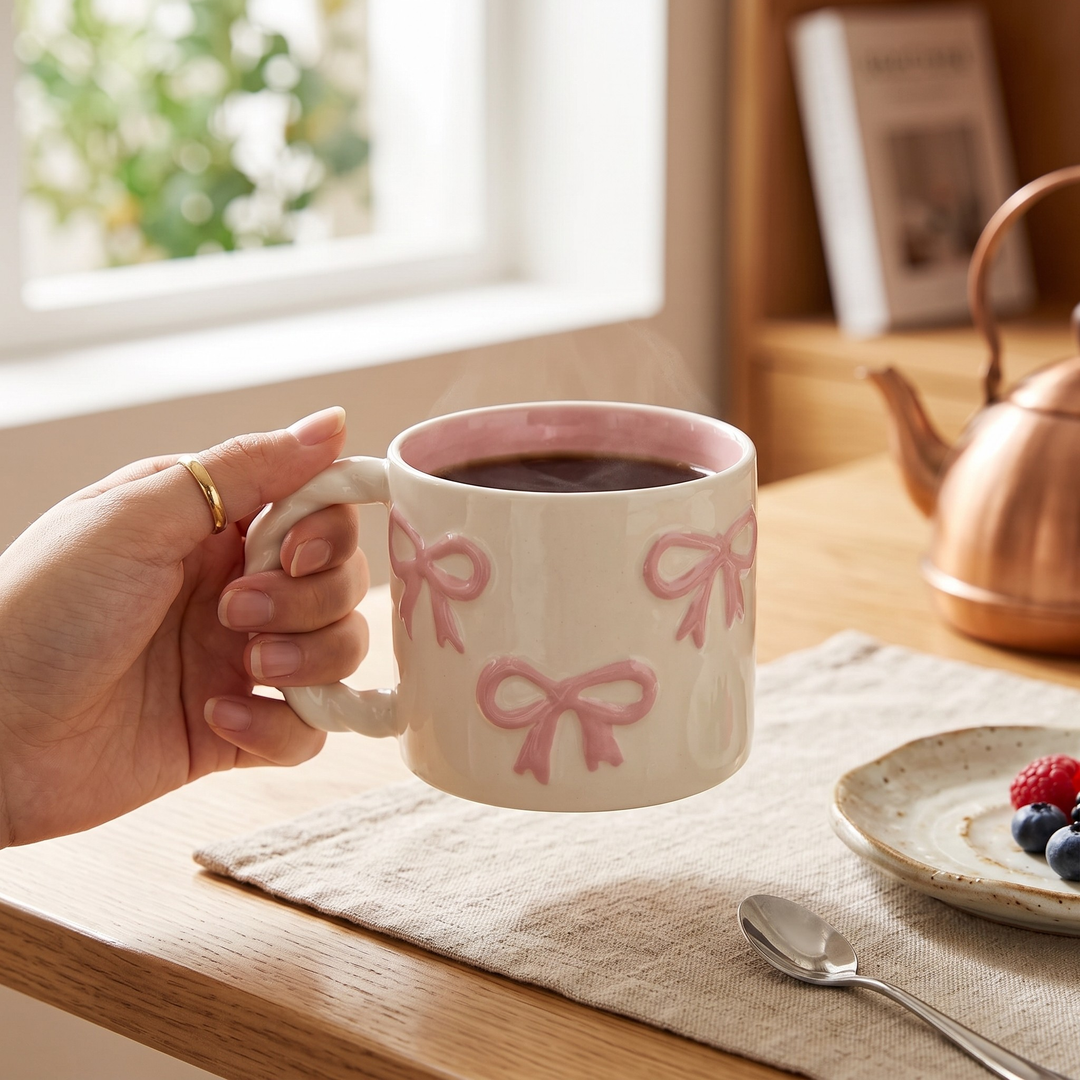 A hand holds a white ceramic mug with pink bow patterns, filled with a dark beverage, on a wooden table in a cozy kitchen setting with a copper teapot and a plate of berries.