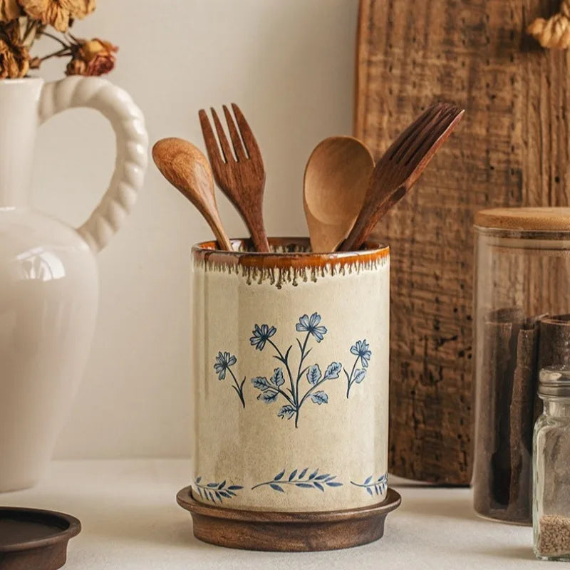 Ceramic Chopstick Holder with Drain Base, Retro Design 0