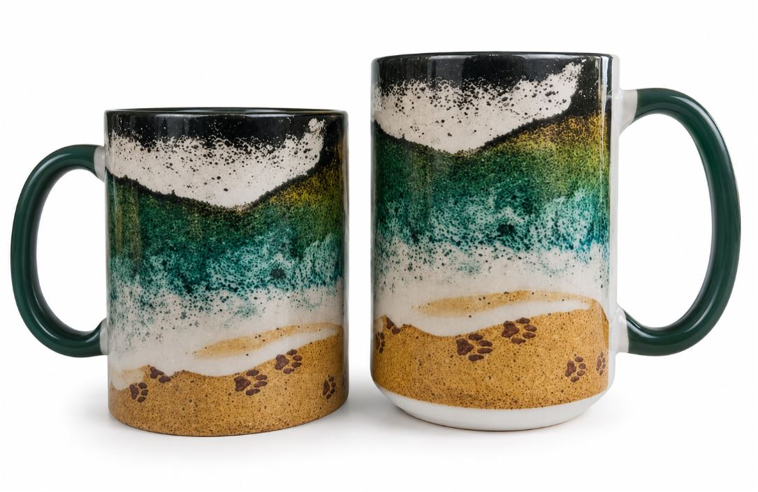 Ceramic Coffee Mug, 3D Paw Print Shoreline Design 0