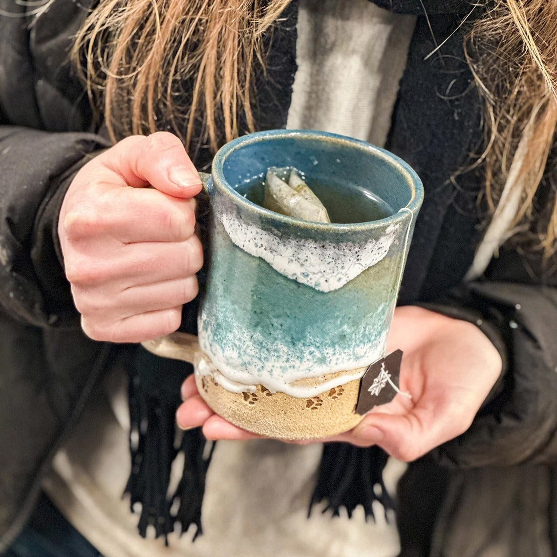 Ceramic Coffee Mug, 3D Paw Print Shoreline Design 1