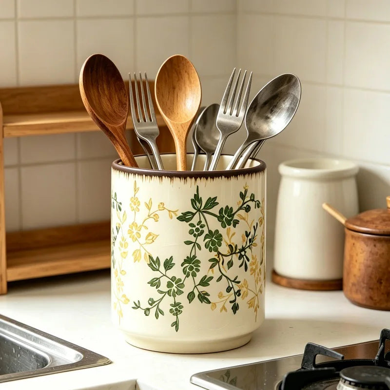 Ceramic Kitchen Utensil Holder, Multi-Compartment Design 0