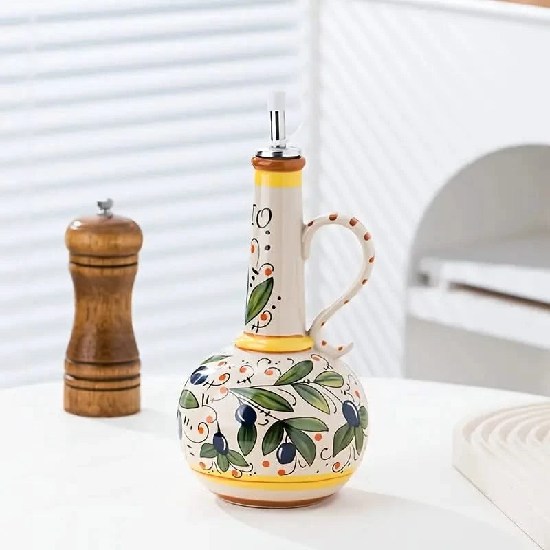 Ceramic Olive Oil Dispenser with Stainless Steel Spout, Hand-Painted Design 0