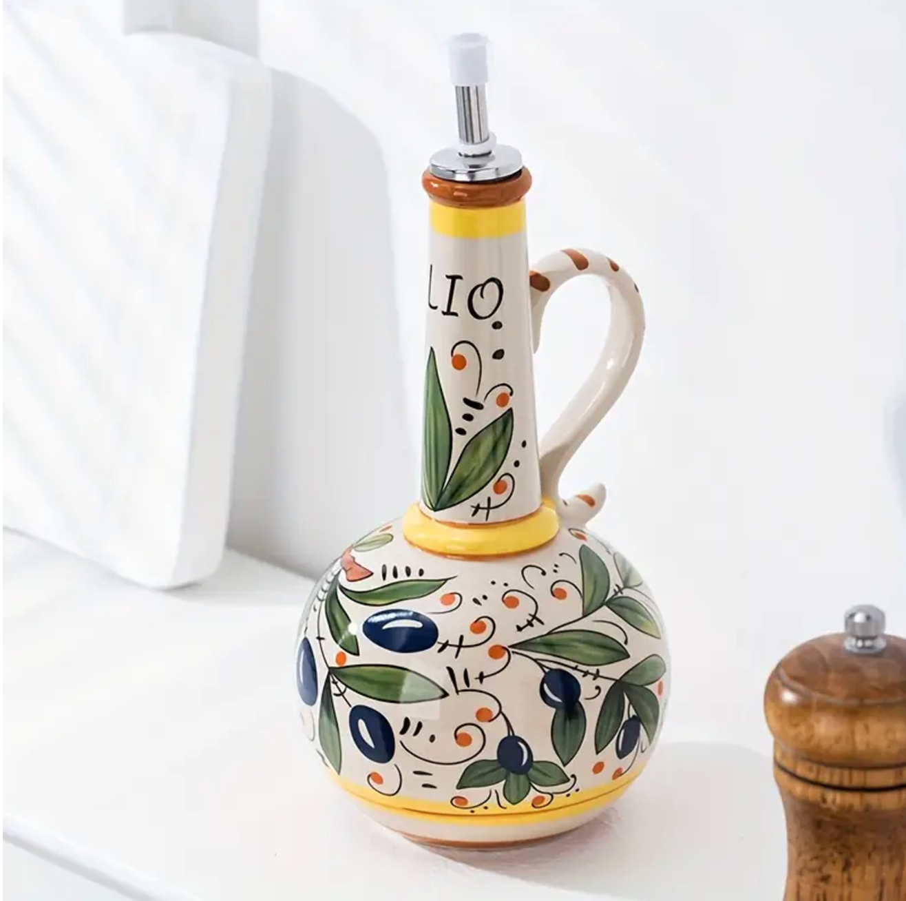 Ceramic Olive Oil Dispenser with Stainless Steel Spout, Hand-Painted Design 1