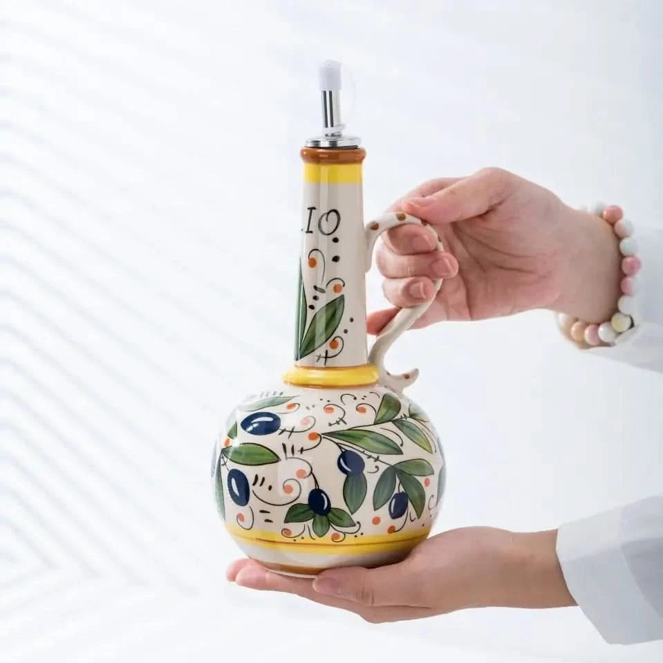 Ceramic Olive Oil Dispenser with Stainless Steel Spout, Hand-Painted Design 2