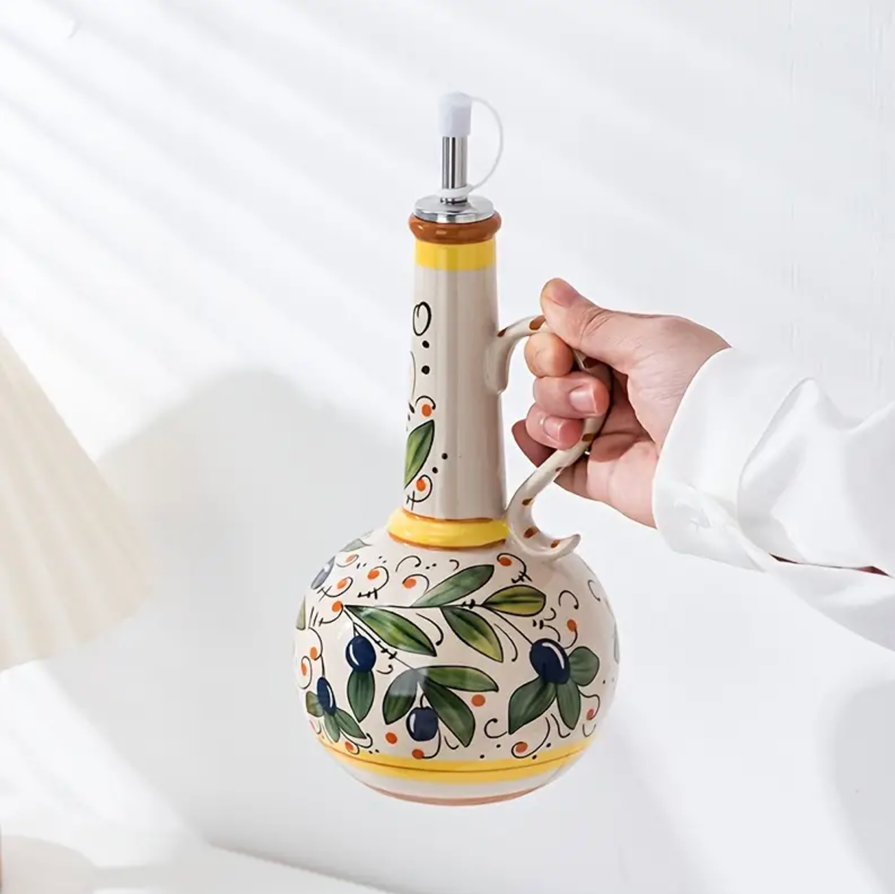 Ceramic Olive Oil Dispenser with Stainless Steel Spout, Hand-Painted Design 3