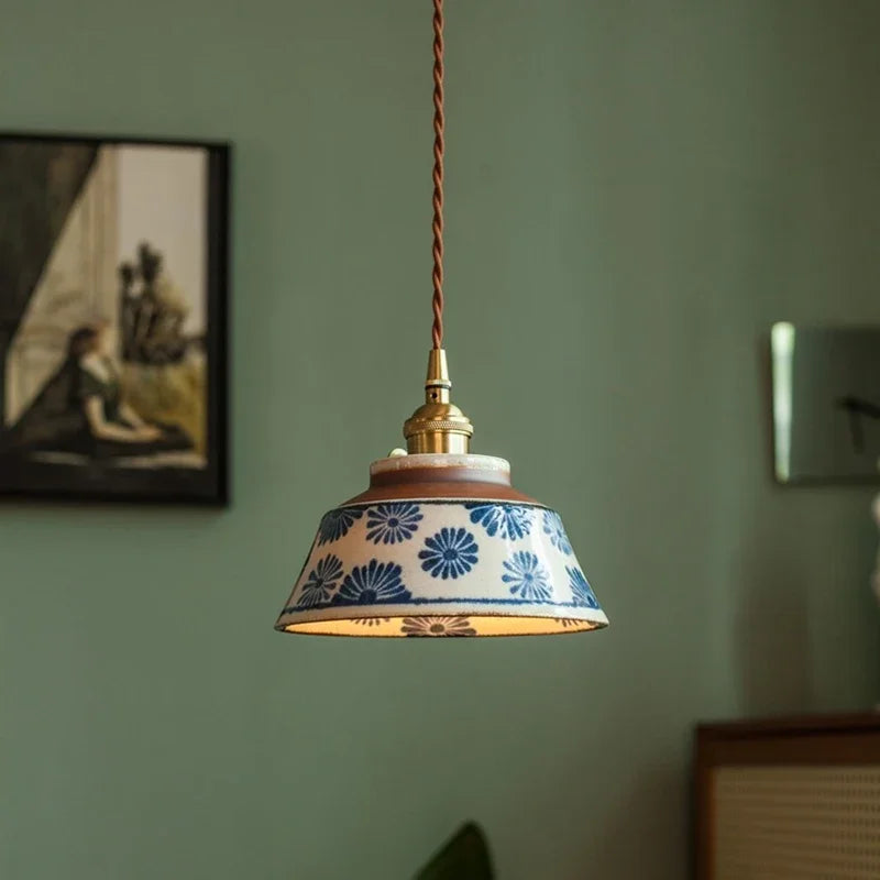 Ceramic Pendant Light, Hand-Painted Floral Design with Copper Fixture 0