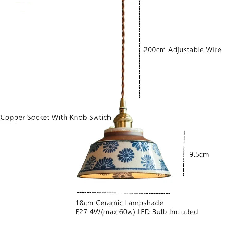 Ceramic Pendant Light, Hand-Painted Floral Design with Copper Fixture 1