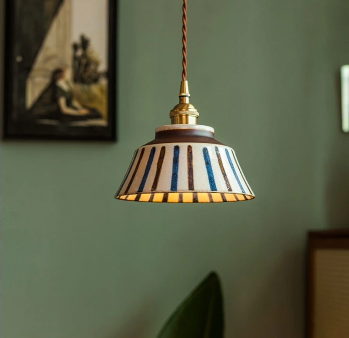 Ceramic Pendant Light, Hand-Painted Floral Design with Copper Fixture 10