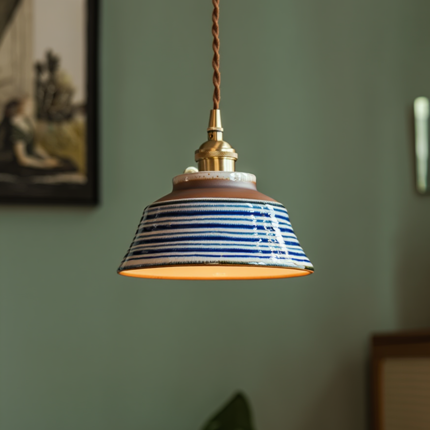Ceramic Pendant Light, Hand-Painted Floral Design with Copper Fixture 12