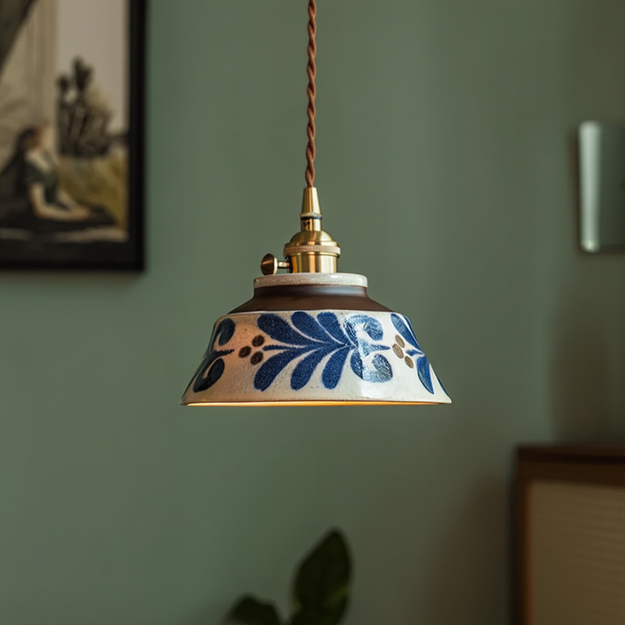 Ceramic Pendant Light, Hand-Painted Floral Design with Copper Fixture 13
