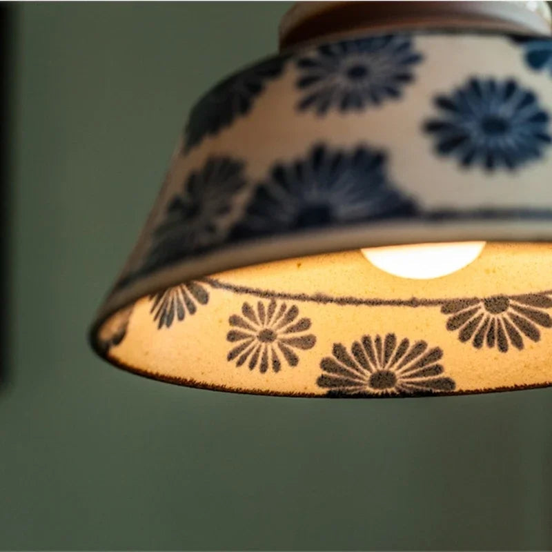 Ceramic Pendant Light, Hand-Painted Floral Design with Copper Fixture 2