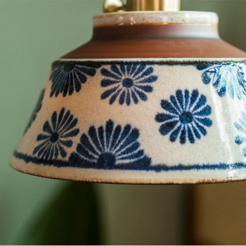 Ceramic Pendant Light, Hand-Painted Floral Design with Copper Fixture 3