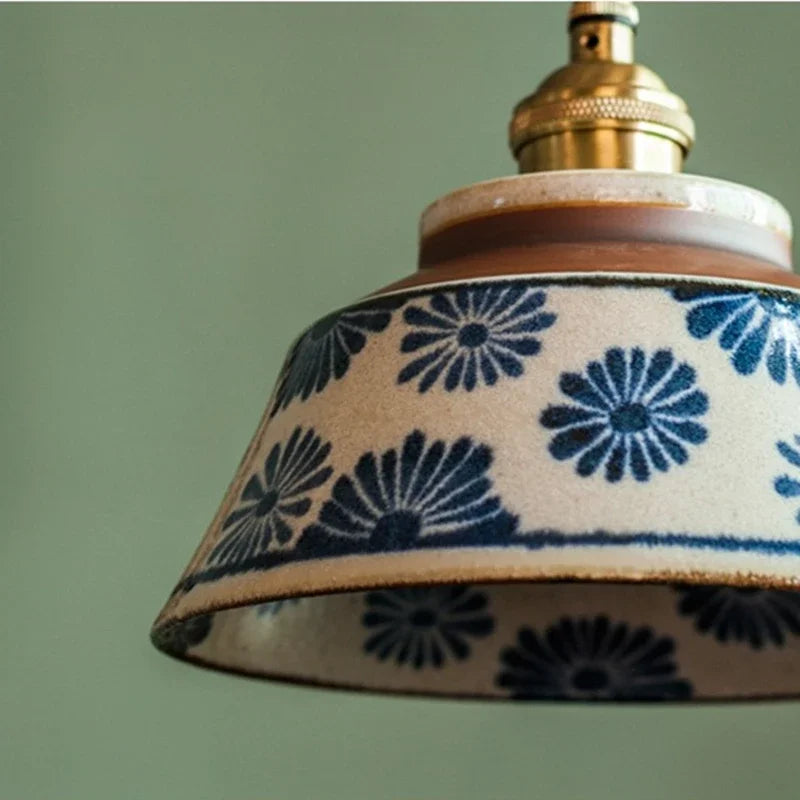 Ceramic Pendant Light, Hand-Painted Floral Design with Copper Fixture 4