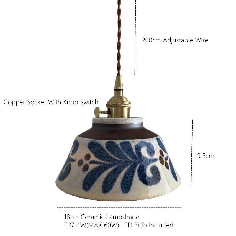 Ceramic Pendant Light, Hand-Painted Floral Design with Copper Fixture 8