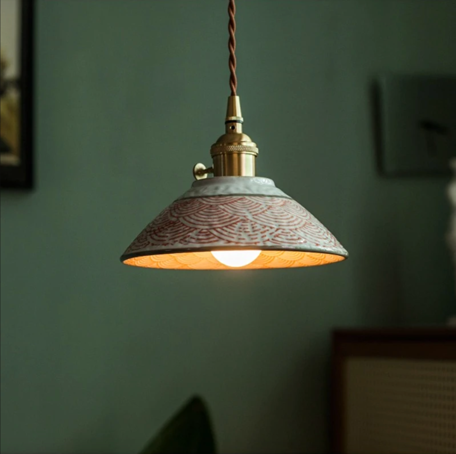 Ceramic Pendant Light, Hand-Painted Floral Design with Copper Fixture 9