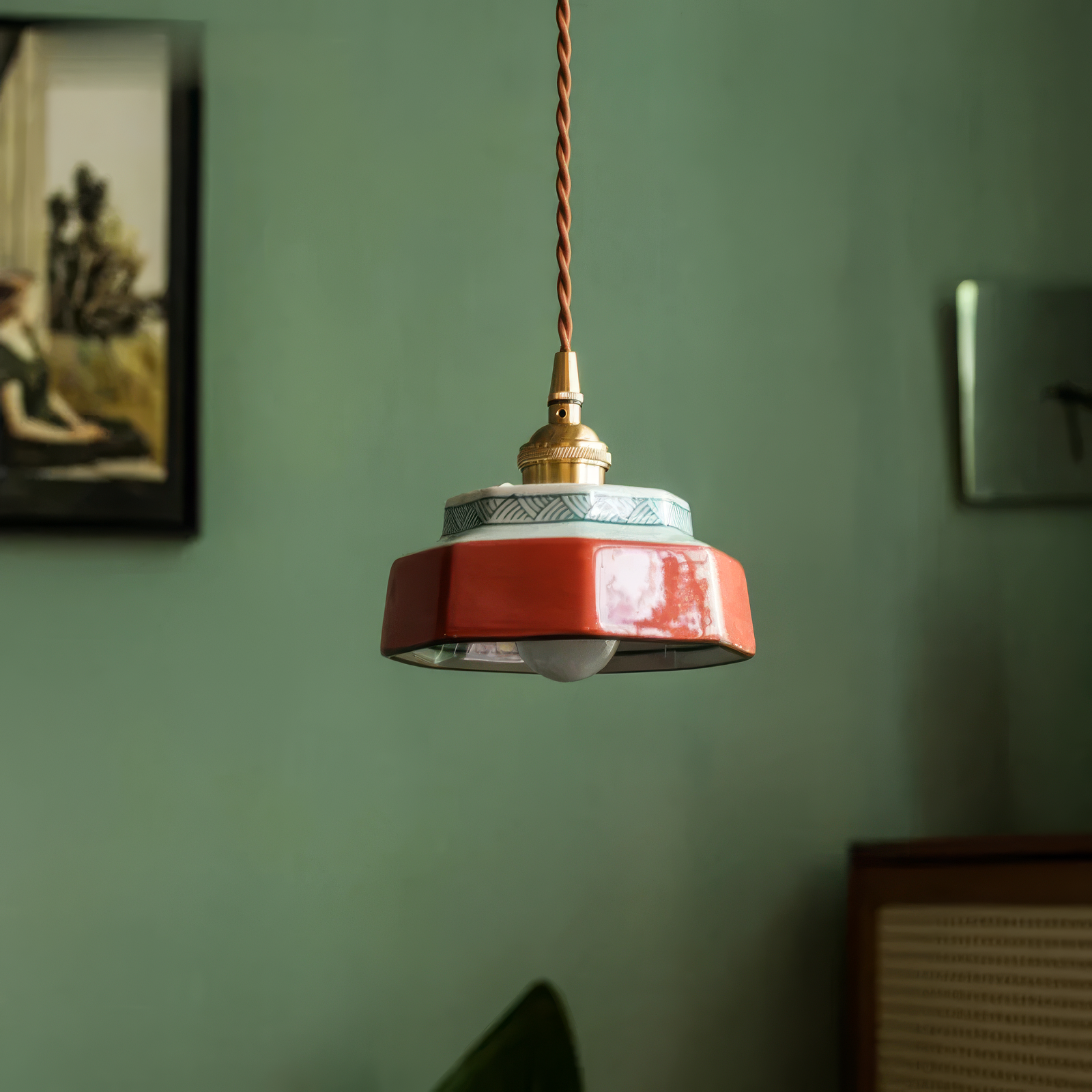 Ceramic Pendant Light with Hand-Painted Shade and Copper Socket 0