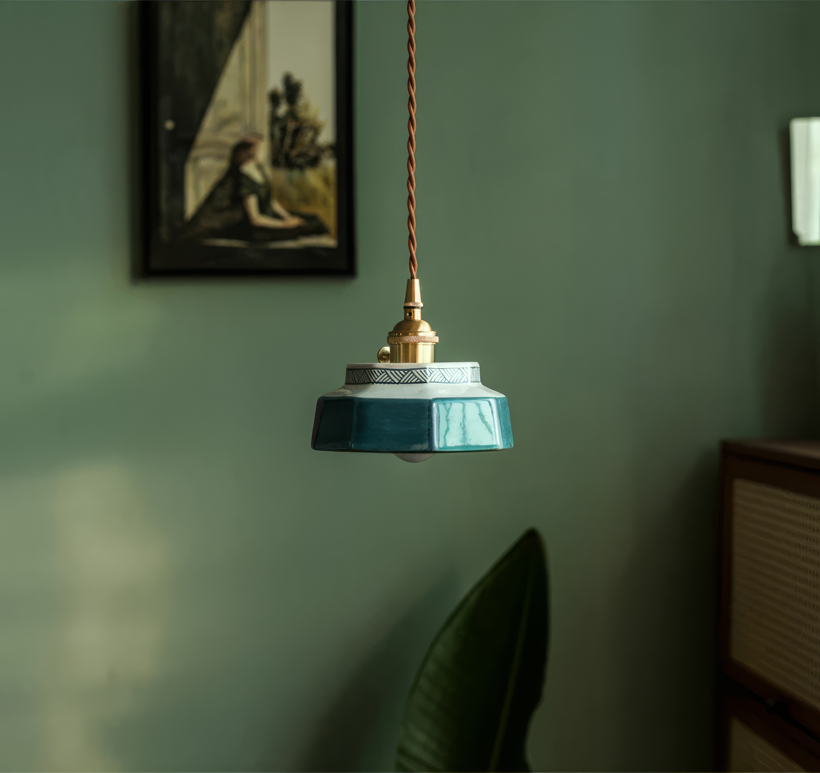 Ceramic Pendant Light with Hand-Painted Shade and Copper Socket 1