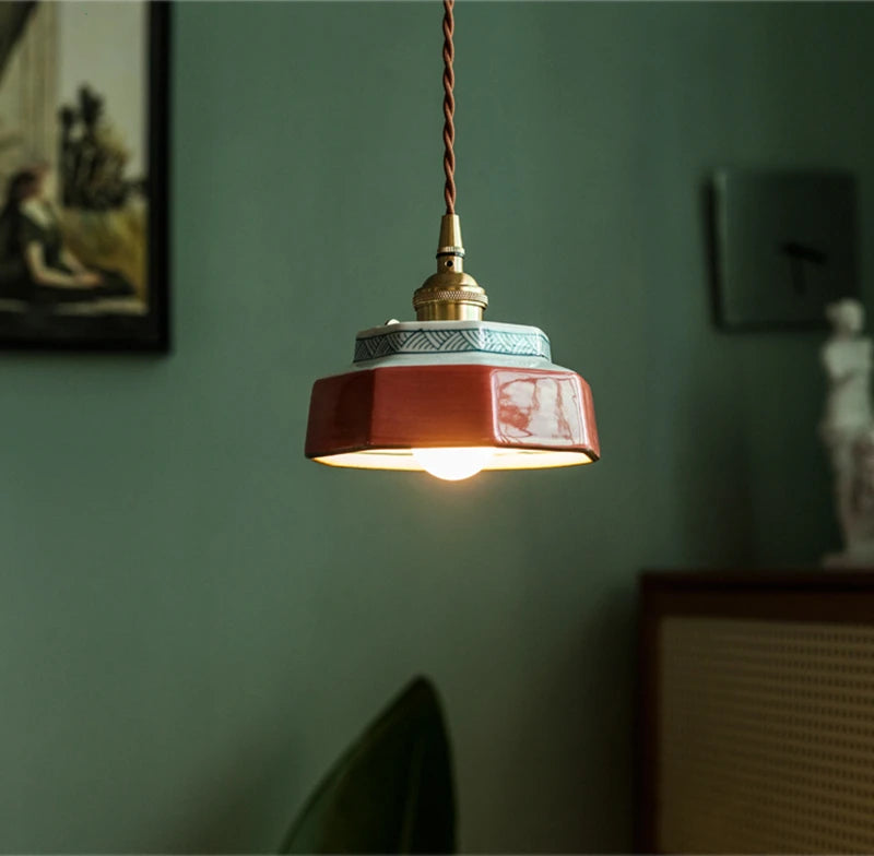 Ceramic Pendant Light with Hand-Painted Shade and Copper Socket 6