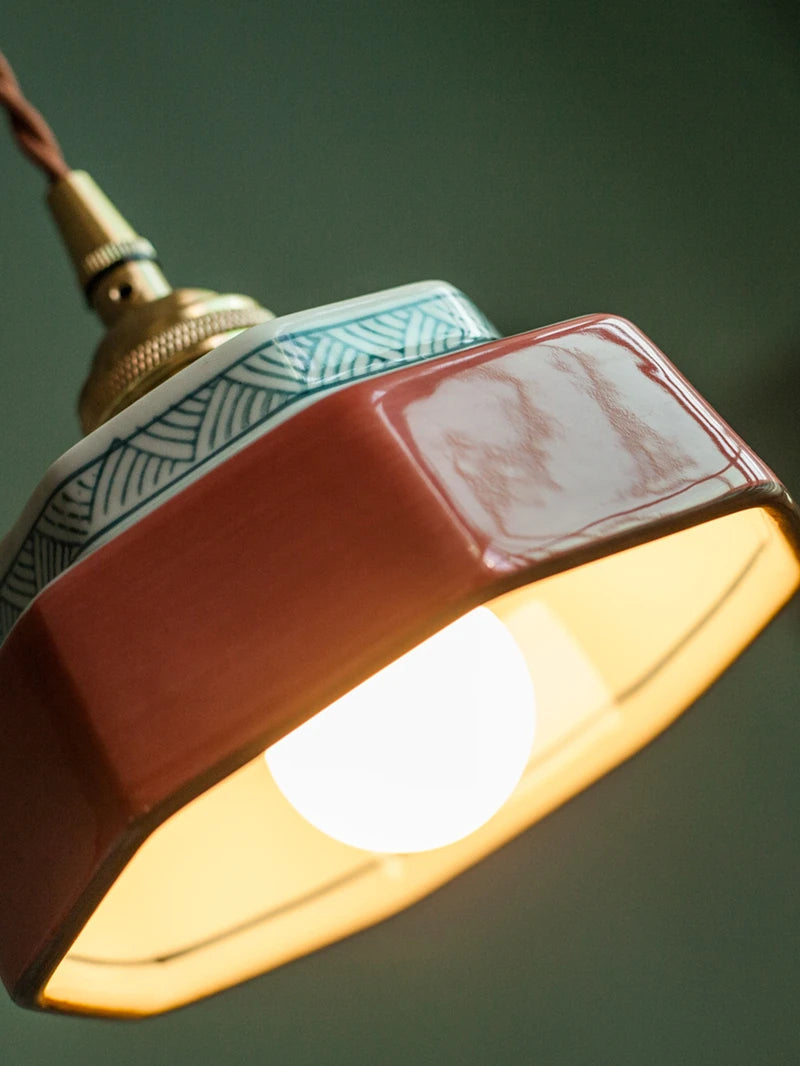 Ceramic Pendant Light with Hand-Painted Shade and Copper Socket 7