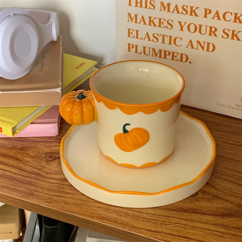 Ceramic Pumpkin Coffee Cup Set with Matching Dish, Heat Resistant 0