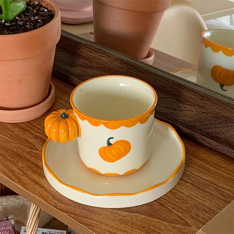 Ceramic Pumpkin Coffee Cup Set with Matching Dish, Heat Resistant 1