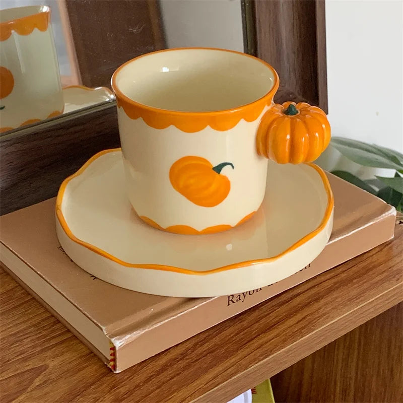 Ceramic Pumpkin Coffee Cup Set with Matching Dish, Heat Resistant 2