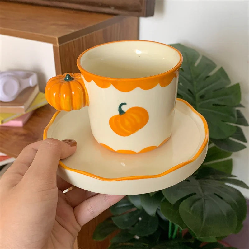 Ceramic Pumpkin Coffee Cup Set with Matching Dish, Heat Resistant 3