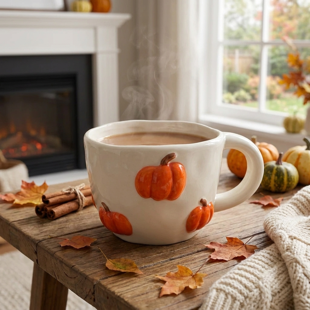 A large cream-colored ceramic mug decorated with 3D orange pumpkins, filled with a steaming hot drink and placed on a rustic wooden table in a cozy living room setting near a fireplace and window.