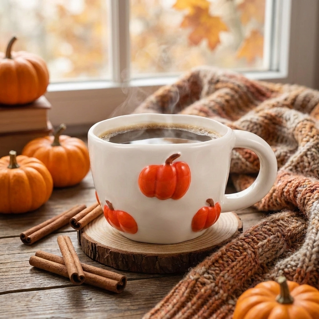 A white ceramic coffee mug decorated with orange and red pumpkins, filled with hot coffee and placed on a wooden coaster in a cozy autumn setting with pumpkins, cinnamon sticks, and a knitted blanket.