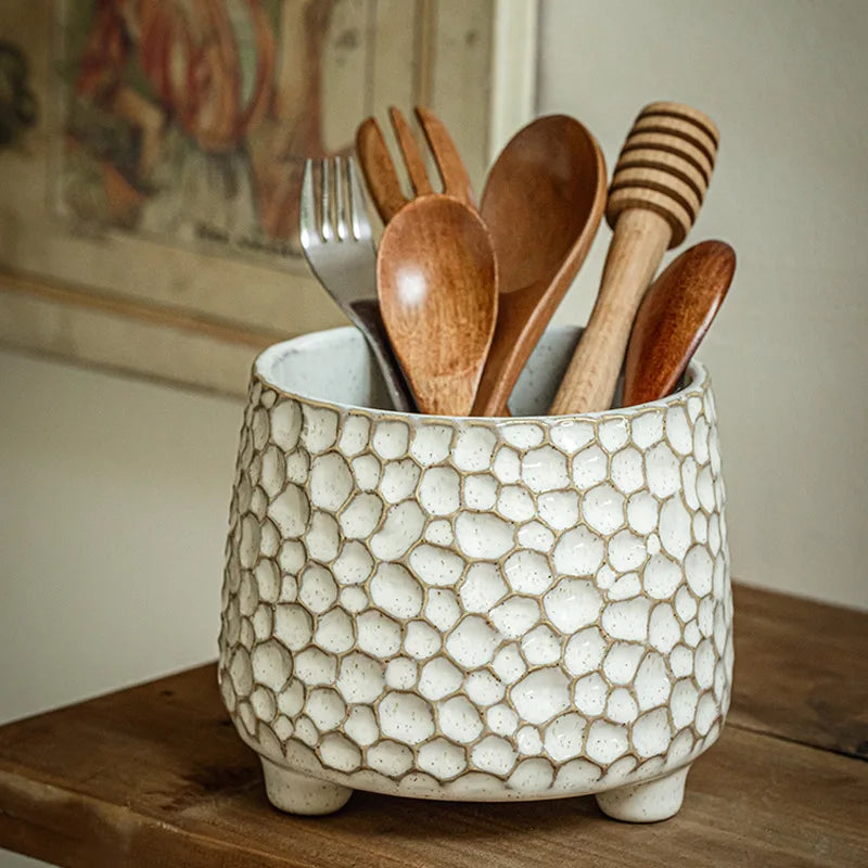 Ceramic Tripod Storage Jar, Pinecone Design for Kitchen Canisters 0