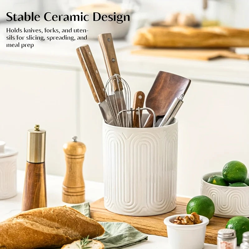 Ceramic Utensil Holder, White Porcelain Kitchen Organizer 1