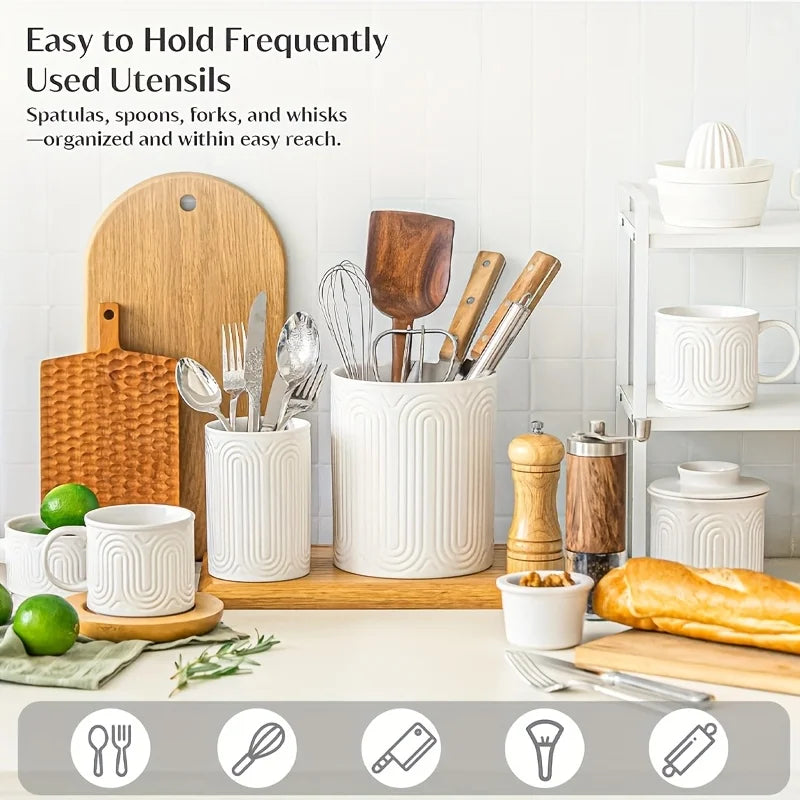 Ceramic Utensil Holder, White Porcelain Kitchen Organizer 2