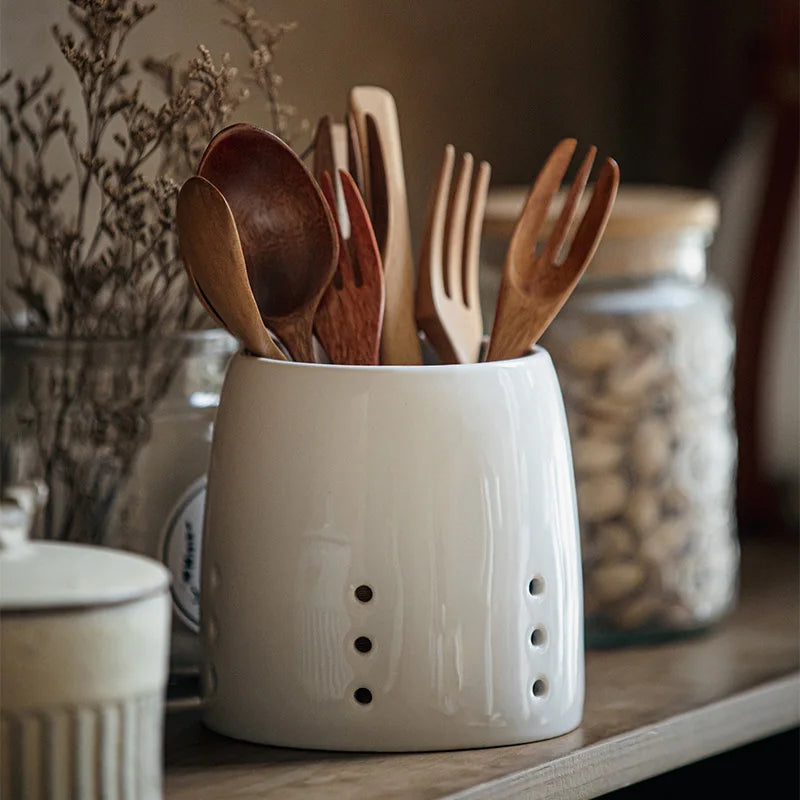 Ceramic Utensil Holder with Cross-Shaped Compartments and Drainage Function 0