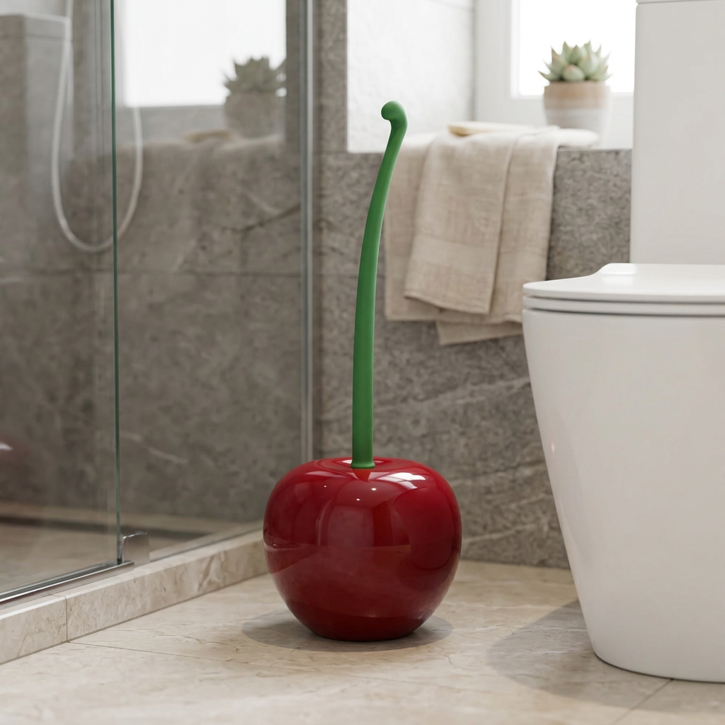 A glossy red cherry-shaped toilet brush with a green stem standing on a beige tiled bathroom floor next to a white toilet and glass shower enclosure.